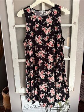 nine britton Black Floral Sleeveless Dress with Pink Roses …New!